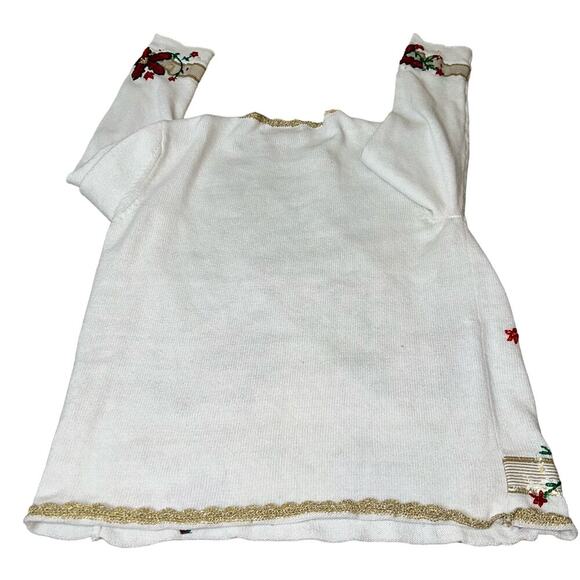 Vintage White Christmas Sweater 90s Beaded Xmas Poinsettia Embroidered Jumper LG - Picture 3 of 7